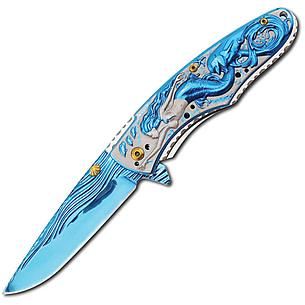 China Made Mermaid Linerlock Blue A/O Folding Knife | Free 