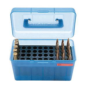 MTM Flip-Top Ammo Box 223 WSSM, 243 WSSM, 500 S&W Magnum 50-Round Plastic  Clear Blue 