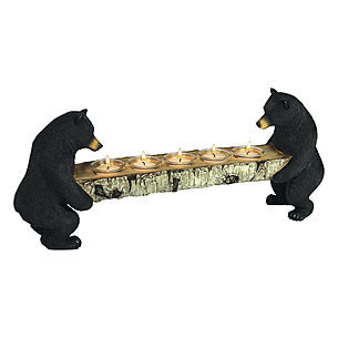 River's Edge Bears Hold Birch Log Candle Holder w/ Candles