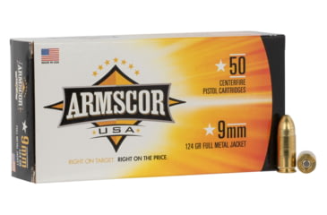 Armscor Precision Inc USA 9mm Luger 124 Grain Full Metal Jacket Brass Cased Pistol Ammunition, 50, FMJ