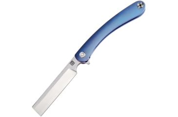 Image of Artisan Cutlery Orthodox Framelock Folding Knife, 5.13in Closed, 3.75in Satin Bohler M390 SS Blade, Blue Titanium Handle, Pocket Clip, Metal Tin, Black Nylon Zippered Storage Case, 1817G-BUM