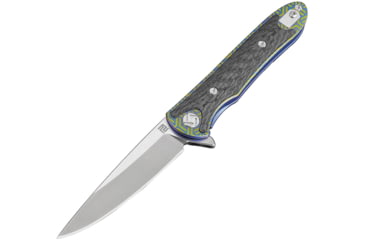 Image of Artisan Cutlery Shark Framelock Folding Knife, Shark 5in Closed, 4in Stonewash S35Vn SS Blade, Blue/Gold Titanium Handle With Carbon Fiber Inlay, Geometric Handle Pattern, 1707G-BU02