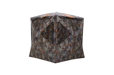 Image of Barronett Blinds Tag Out Hub Hunting Blind with blaze orange safety panels, Bloodtrail Woodland, 3-Person, TA350BT
