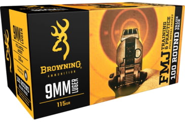 Browning Training and Practice 9mm Luger 115 Grain Full Metal Jacket Brass Cased Centerfire Pistol Ammunition, 100, FMJ