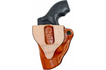 Image of DeSantis Mini Scabbard Leather Belt Holsters - Smith &amp; Wesson, S&amp;W J Frame 2in-2 1/4in, Taurus 85 2in, Left Hand, Plain, Tan, 019TB02Z0