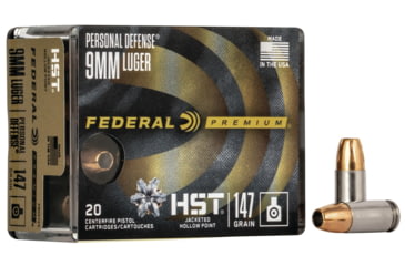 Image of Federal Premium Personal Defense Pistol Ammo, 9 mm Luger, HST Jacketed Hollow Point, 147 grain, 20 Rounds, P9HST2S