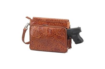 Image of Gun Tote'n Mamas Concealed Carry Tooled American Cowhide Shoulder Bag,Medium Tan,10.25x8in 0637208