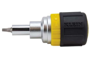 Klein Tools 6in1 Multi-Bit Ratcheting Screwdriver, Stubby, Ph, Sl, Sq, Nut Bits, Black/Yellow, 32594