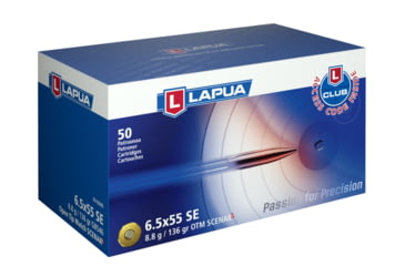 Lapua Scenar-L 6.5x55mm Swedish 136 grain Scenar-L Open Tip Match Brass Cased Centerfire Rifle Ammunition, 50, OTM