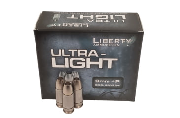 Liberty Ammunition Ultra-Lights 9mm +P 50 grain Hollow Point Centerfire Pistol Ammunition, 20, HP