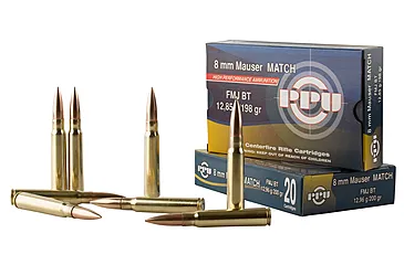 PPU Match 8mm Mauser 200 Grain Full Metal Jacket Brass Cased Rifle Ammunition, 20, FMJ
