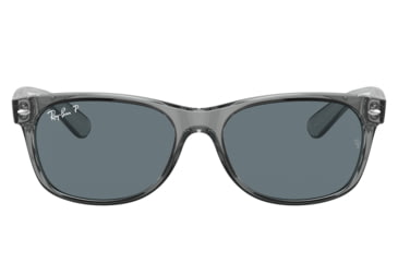Image of Ray-Ban RB2132 New Wayfarer Sunglasses, Transparent Grey Frame, Dark Blue Lens, Polarized, 52, RB2132-64503R-52