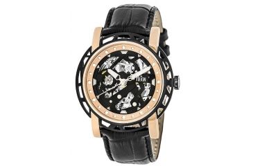 Image of Reign Mens Stavros Automatic Skeleton Dial Crocodile-Embossed Leather Strap Watch Black Bezel, Rose Gold/Circle-shaped Case, Black/analog Dial, Rose Gold Hands REIRN3706