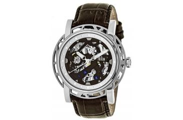Image of Reign Mens Stavros Automatic Skeleton Dial Crocodile-Embossed Leather Strap Watch Silver Bezel, Silver/Circle-shaped Case, Dark Brown/analog Dial, Silver Hands REIRN3701