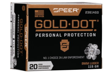 Image of Speer Gold Dot Pistol Ammo, 9 mm Luger, Gold Dot Hollow Point, 115 grain, 20 Rounds, 23614GD