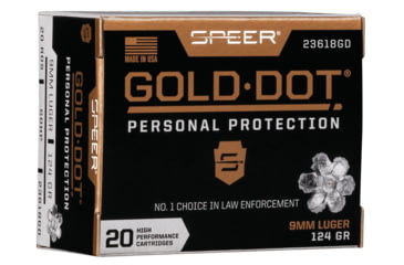 Image of Speer Gold Dot Pistol Ammo, 9 mm Luger, Gold Dot Hollow Point, 124 grain, 20 Rounds, 23618GD