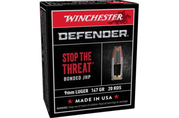 Image of Winchester DEFENDER HANDGUN 9 mm Luger 147 grain Bonded Jacketed Hollow Point Brass Cased Centerfire Pistol Ammo, 20 Rounds, S9 mmPDB1