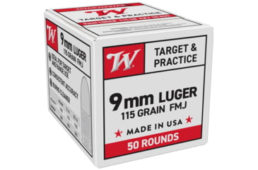 Image of Winchester USA 9mm Luger 115 Grain Full Metal Jacket FMJ Brass Cased Pistol Ammo, 50 Rounds, W9MM50