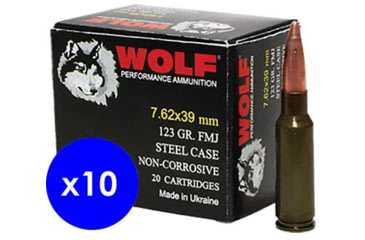 Image of Wolf Ammo, 7.62x39mm, 122 grain, Full Metal Jacket, Steel, Rifle Ammo, 200 Rounds, 762WFMJ