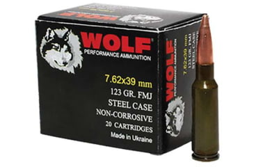 Wolf Ammo 7.62x39mm 123 grain Full Metal Jacket (FMJ) Steel Centerfire Rifle Ammunition, 20, FMJ
