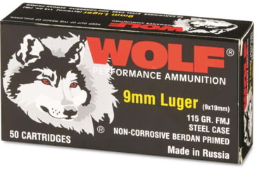 Wolf Ammo 9mm Luger 115 grain Full Metal Jacket Steel Casing Centerfire Pistol Ammunition, 50, FMJ