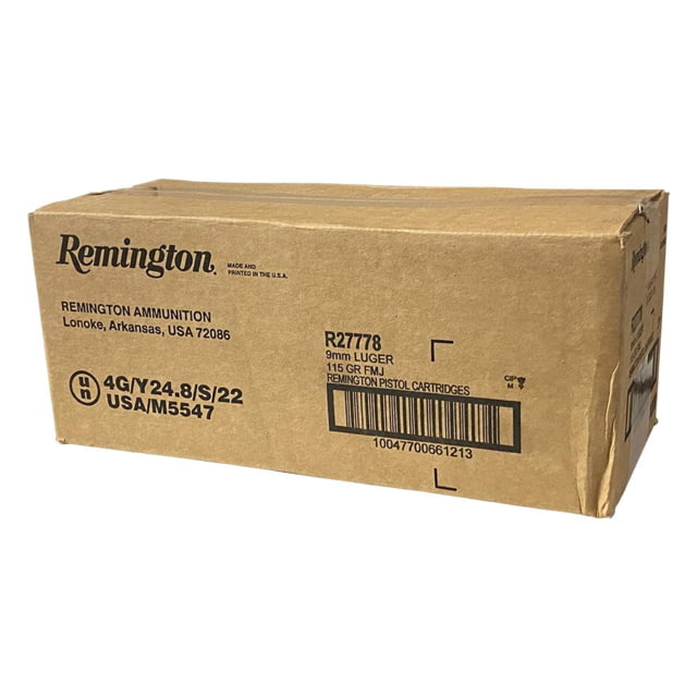 Remington Range Handgun 9mm Luger 115 Grain Full Metal Jacket Brass Cased Pistol Ammo 1000 Rounds  CASE - Remington