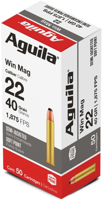 Aguila Ammunition .22WMR 1875fps. 40 Grain Jacketed Soft Point Brass Case Ammo 50 Rounds
