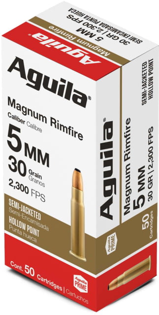 Aguila Ammunition 5mm Remington Magnum 30 Grain Semi-Jacketed Hollow Point Brass Case Ammo 50 Rounds