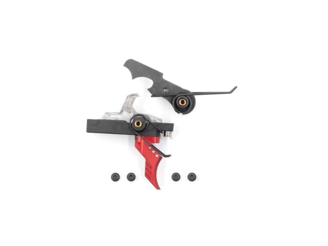 Airborne Arms Geronimo Trigger System Extended Reach Talon AR-9/ AR-10/ AR-15 3-4 lb Pull Weights Ambidextrous Curved Red Extended - Airborne Arms