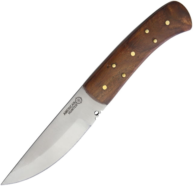 American Hunter Patch 9in Fixed Blade Knife 9in Overall 4.5in Satin SS Blade Rosewood Handle Brown Leather Belt Sheath AH018 / - American Hunter