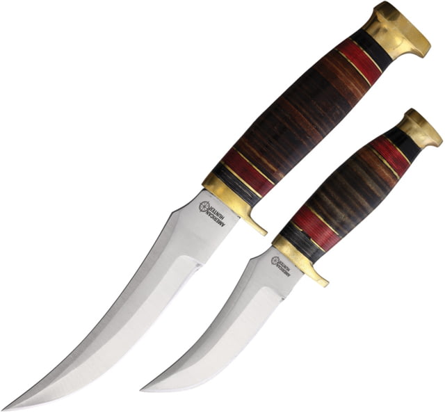 American Hunter 5.25in/3.5in Twin Hunter Set Satin SS Blades 10in Skinner w/ 5.25in Blade 7in Skinner w/ 3.5in Blade Stacked Leather/Pakkawood Handle - American Hunter