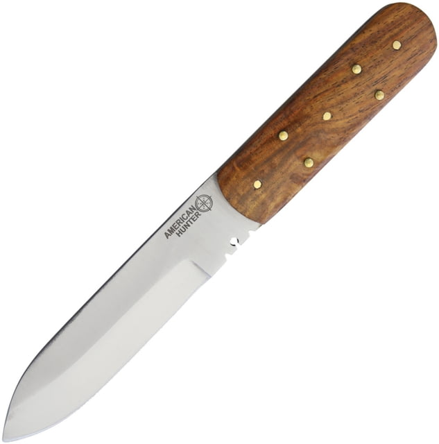 American Hunter Utility Fixed Blade Knife 8.63in Overall 4.75in Satin SS Blade Rosewood Handle Wire Stripping Notches Brown Leather Belt Sheath AH019 - American Hunter