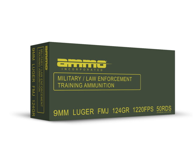 Ammo Inc. Military/Law Enforcement Training 9mm Luger 124 grain Full Metal Jacket Brass Cased Pistol Ammo 50 Rounds - Ammo, Inc.