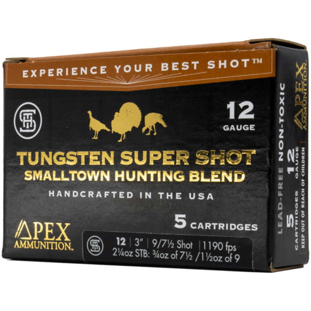 Apex Ammunition Turkey TSS Smalltown Hunting Blend 12 Gauge 2 1/2 Oz 3 1/2in 7.5/9 Shot Shotgun Ammo 5 Rounds x Ammunition Turkey TSS Smalltown Hunting Blend 12 Gauge 2 1/2 Oz 3 1/2in 7.5/9 Shot Shotgun 5 Rounds Ammo