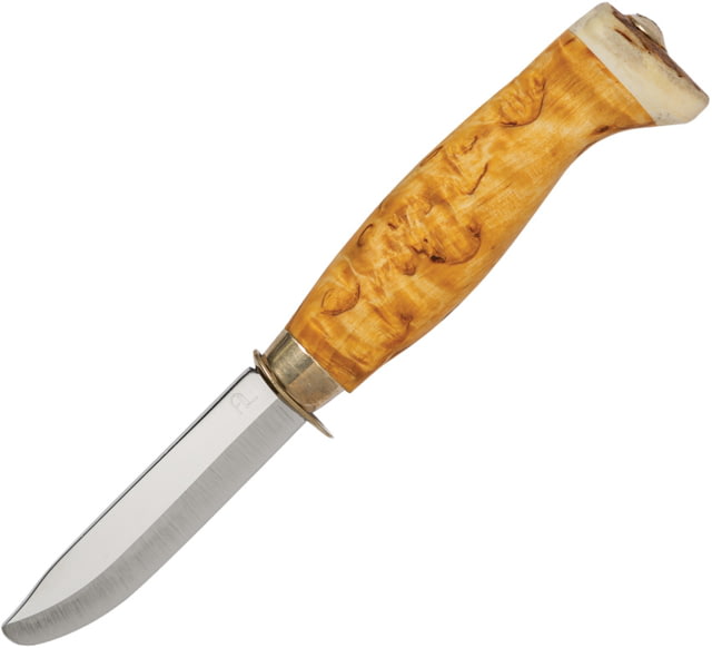 Arctic Legend Curly Birch Child's Knife 7.25in Overall 3in Satin Stainless Blunt Tip Blade Curly Birch Handle Black Leather Belt Sheath - Arctic Legend