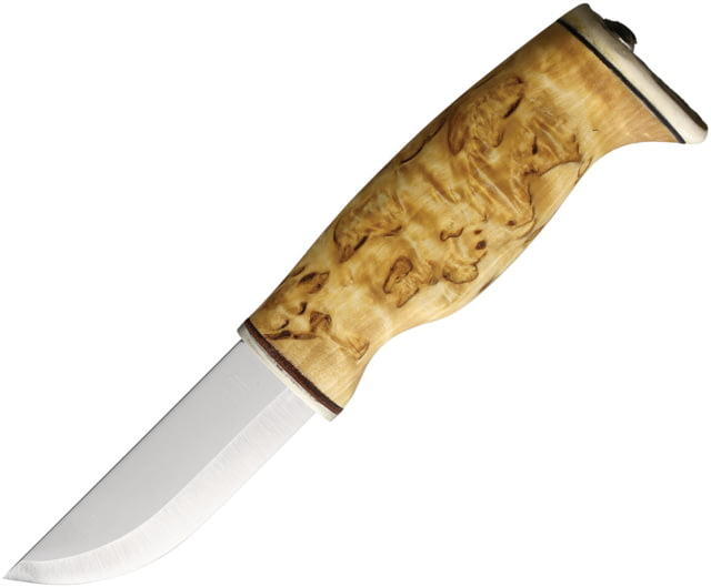 Arctic Legend Hunter's Curly Birch Satin Fixed Blade Knife 8.25in Overall 3.5in Satin Stainless Steel Blade Curly Birch Handle Black Leather Belt - Arctic Legend