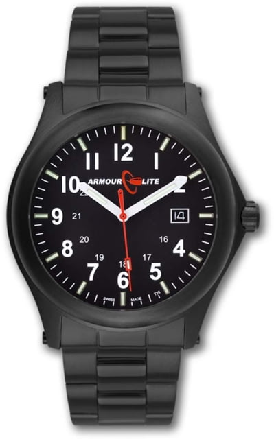 Armourlite Field Series  Swiss Made Tritium Illuminated Watch with Shatterproof Armourglass Black Case Black Dial White Numbers 42mm