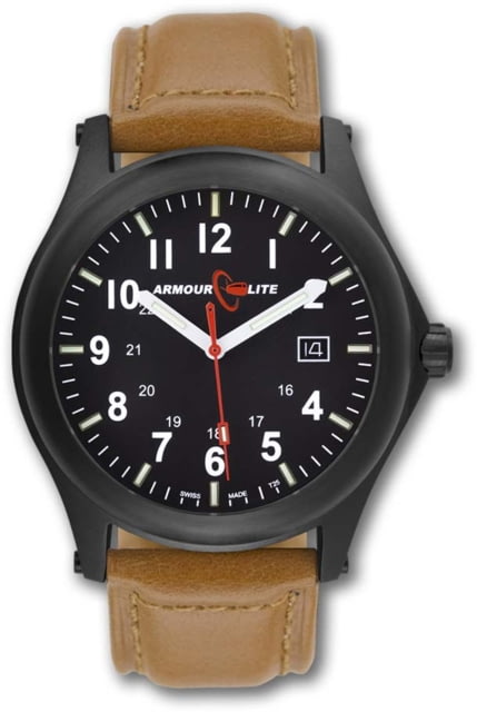 Armourlite Field Series Swiss Made Tritium Illuminated Watch with Shatterproof Armourglass Black Case Black Dial White Numbers 42mm