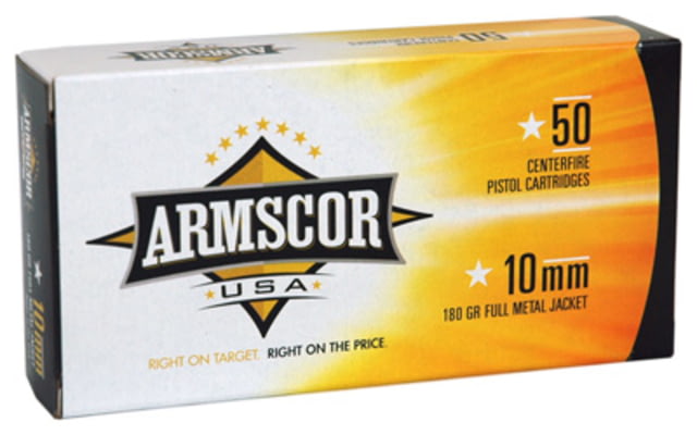 Armscor Precision Inc USA 10mm 180 Grain Full Metal Jacket Brass Cased Pistol Ammo 50 Rounds 50RD scor Precision Inc USA 10mm 180 Grain Full Metal Jacket Brass Cased Pistol 50 Rounds 50RD Ammo