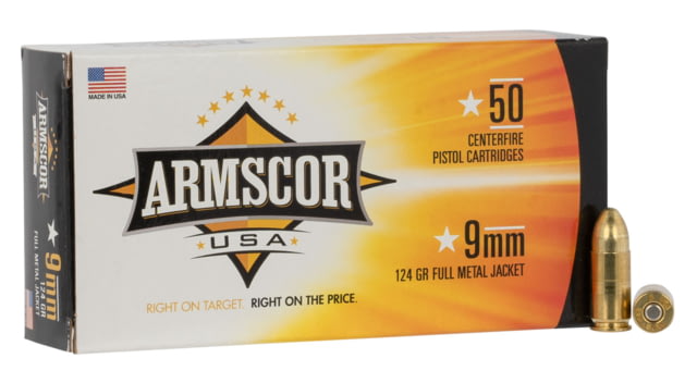 scor Precision Inc USA 9mm Luger 124 Grain Full Metal Jacket Brass Cased Pistol 50 Rounds 50RD Ammo