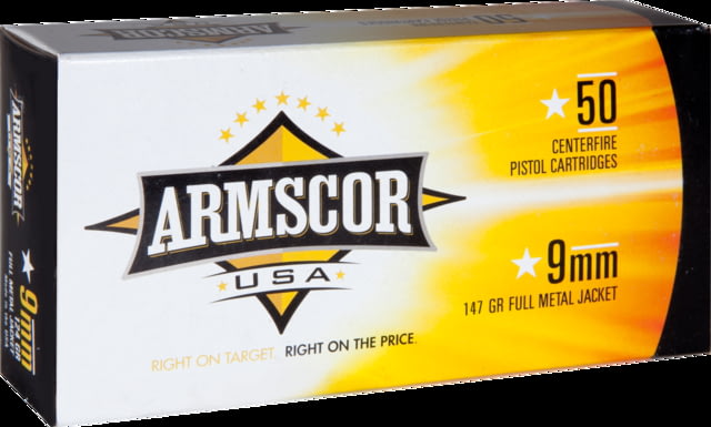 Armscor Precision Inc USA 9mm Luger 147 Grain Full Metal Jacket Brass Cased Pistol Ammo 50 Rounds scor Precision Inc USA 9mm Luger 147 Grain Full Metal Jacket Brass Cased Pistol 50 Rounds Ammo