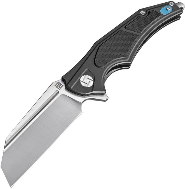 Artisan Cutlery Apache Nomad Framelock Folding Knife 5.5in Closed 3.5in Satin Bohler M390 SS Tanto Blade Black Titanium Handle With Carbon Fiber Onlay