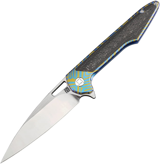 Artisan Cutlery Archaeo Framelock Blue Folding Knife 3.75" satin finish Bohler M390 stainless steel bla Blue and gold titanium handle
