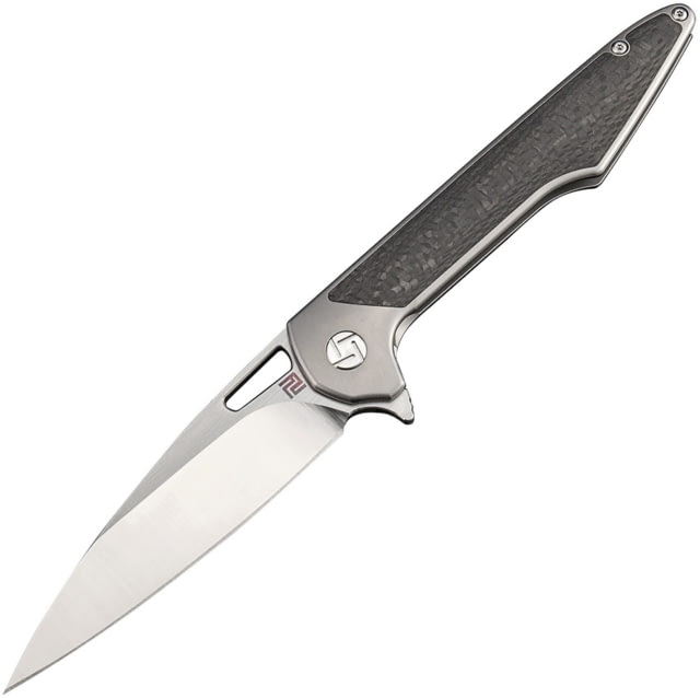 Artisan Cutlery Archaeo Framelock Folding Knife 5in Closed 3.75in Satin Bohler M390 SS Blade Gray Titanium Handle Thumb Pull Pocket Clip Metal Tin