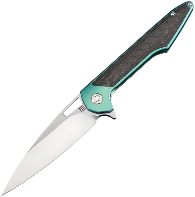 Artisan Cutlery Archaeo Framelock Folding Knife 5in Closed 3.75in Satin Bohler M390 SS Blade Green Titanium Handle With Carbon Fiber Inlay Black Nylon - Artisan Cutlery