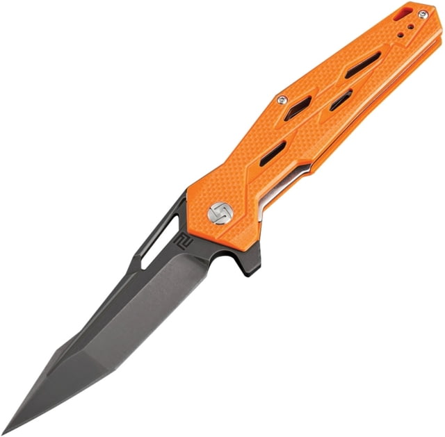 Artisan Cutlery Bombardier Linerlock Folding Knife 5in Closed 3.75in Black D2 Tool Steel Blade Orange Textured G10 Handle Thumb Pull Pocket Clip