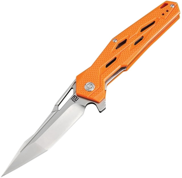 Artisan Cutlery Bombardier Linerlock Folding Knife 5in Closed 3.75in Stonewash D2 Tool Steel Blade Orange Textured G10 Handle Pocket Clip Thumb Pull