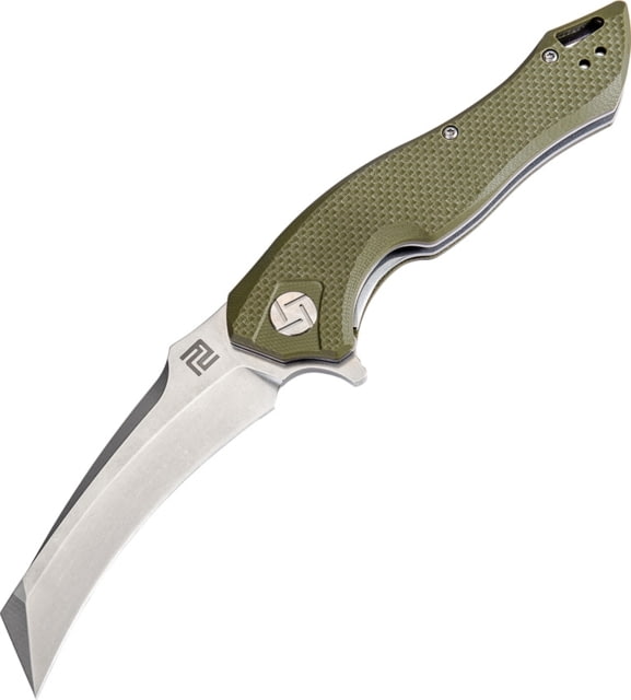 Artisan Cutlery Eagle Linerlock Folding Knife 5in Closed 3.63in Stonewash D2 Tool Steel Curved Blade Green G10 Handle Pocket Clip