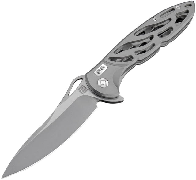 Artisan Cutlery Hoverwing Framelock Folding Knife 5in Closed 3.75in D2 Tool Steel Blade Gray 2Cr13 SS Handle Thumb Pull Pocket Clip