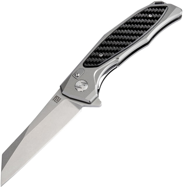 Artisan Cutlery Megahawk Linerlock Folding Knife 5in Closed 3.75in Stonewash D2 Tool Steel Modified Tanto Blade Gray Aluminum Handle With Carbon Fiber